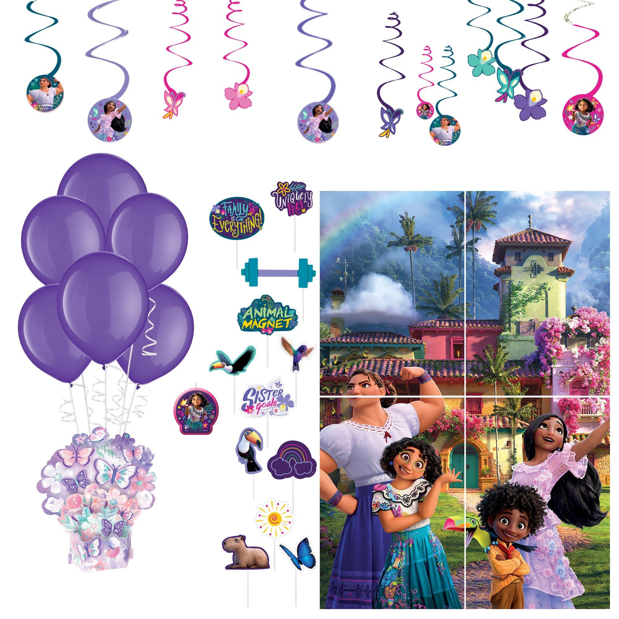 Encanto Birthday Party Decorating Supplies Pack - Kit Includes Centerpiece, Latex Balloons, Swirl Decorations, Scene Setter, Photo Booth Props & Candle