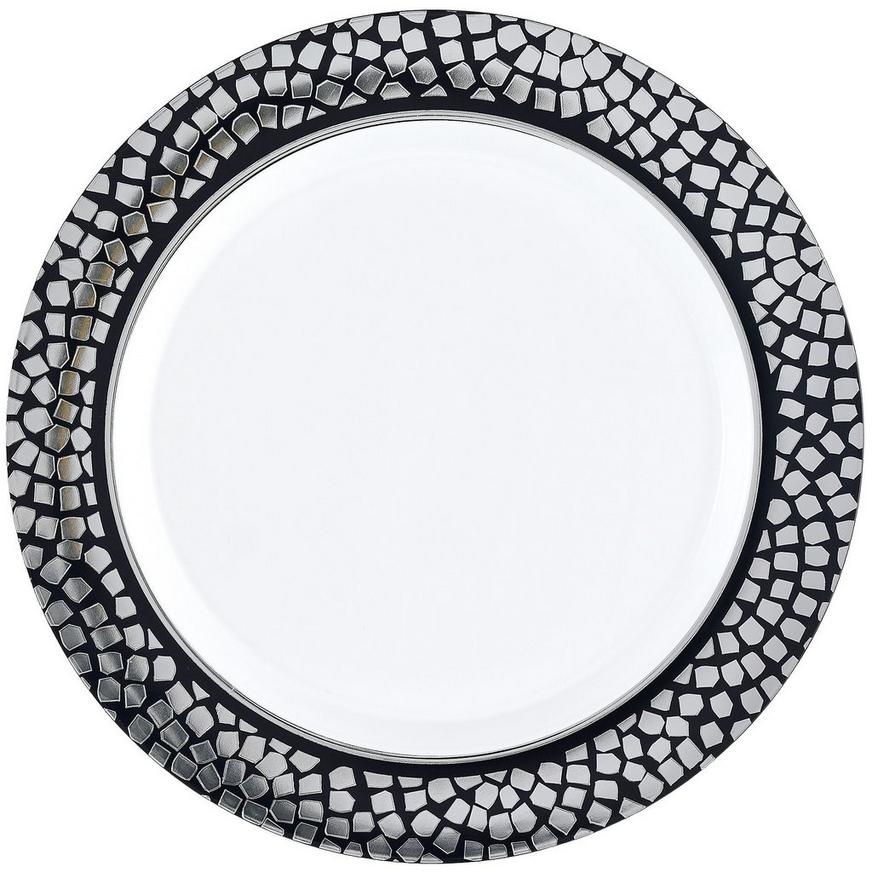 White With Silver Mosaic Rim Premium Plastic Dinner Plates, 10.25in, 20ct