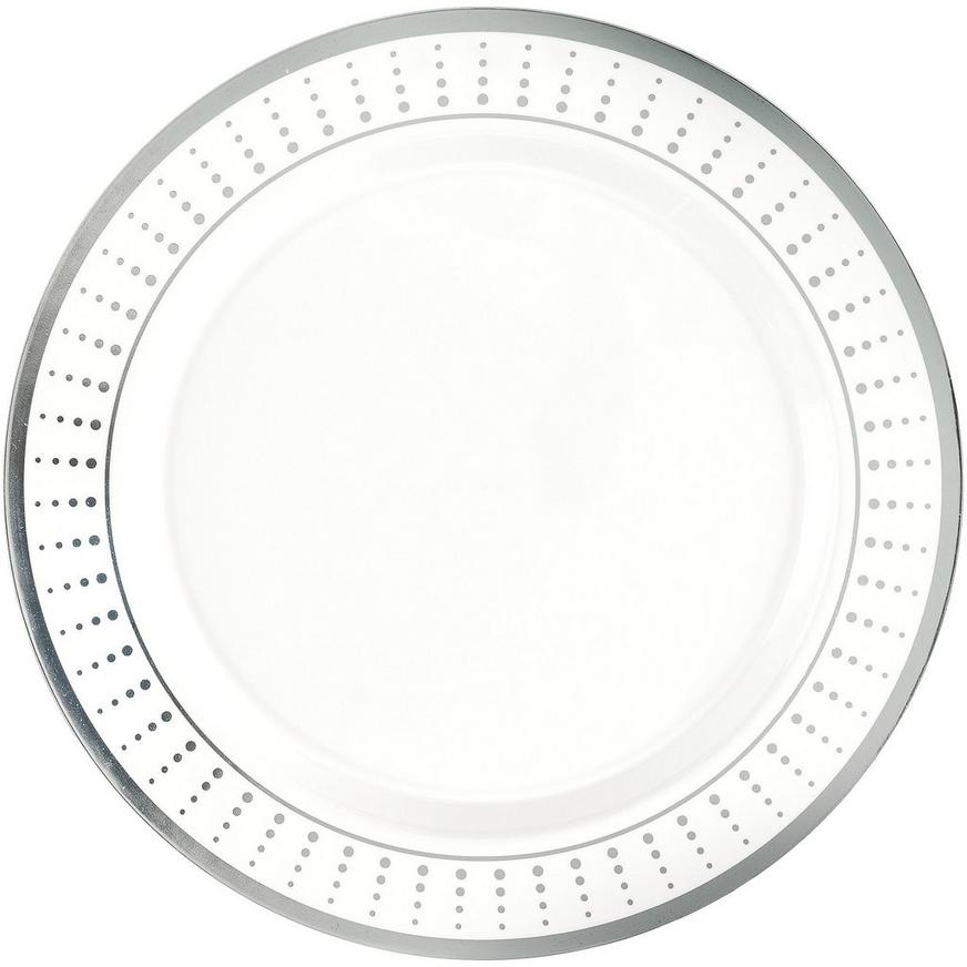 White With Silver Radiating Dot Patterned Rim Premium Plastic Dinner Plates, 10.25in, 20ct