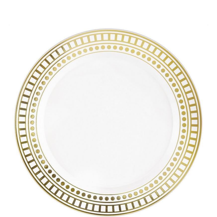 White With Gold Dot & Square Patterned Rim Premium Plastic Dessert Plates, 7.5in, 20ct