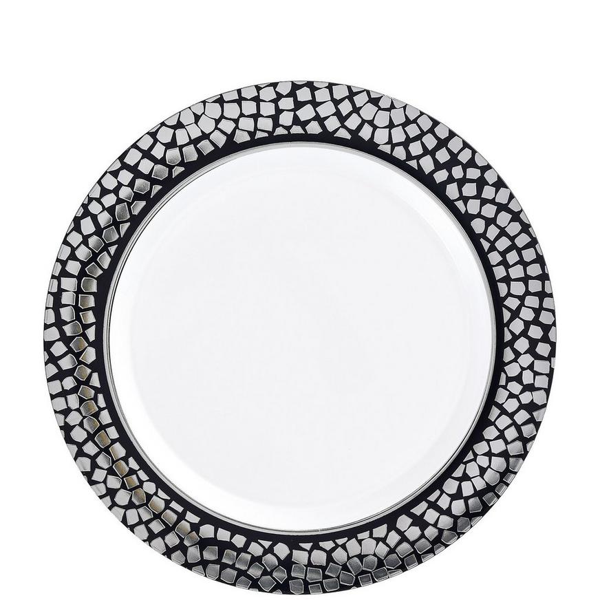 White With Silver Mosaic Rim Premium Plastic Dessert Plates, 7.5in, 20ct