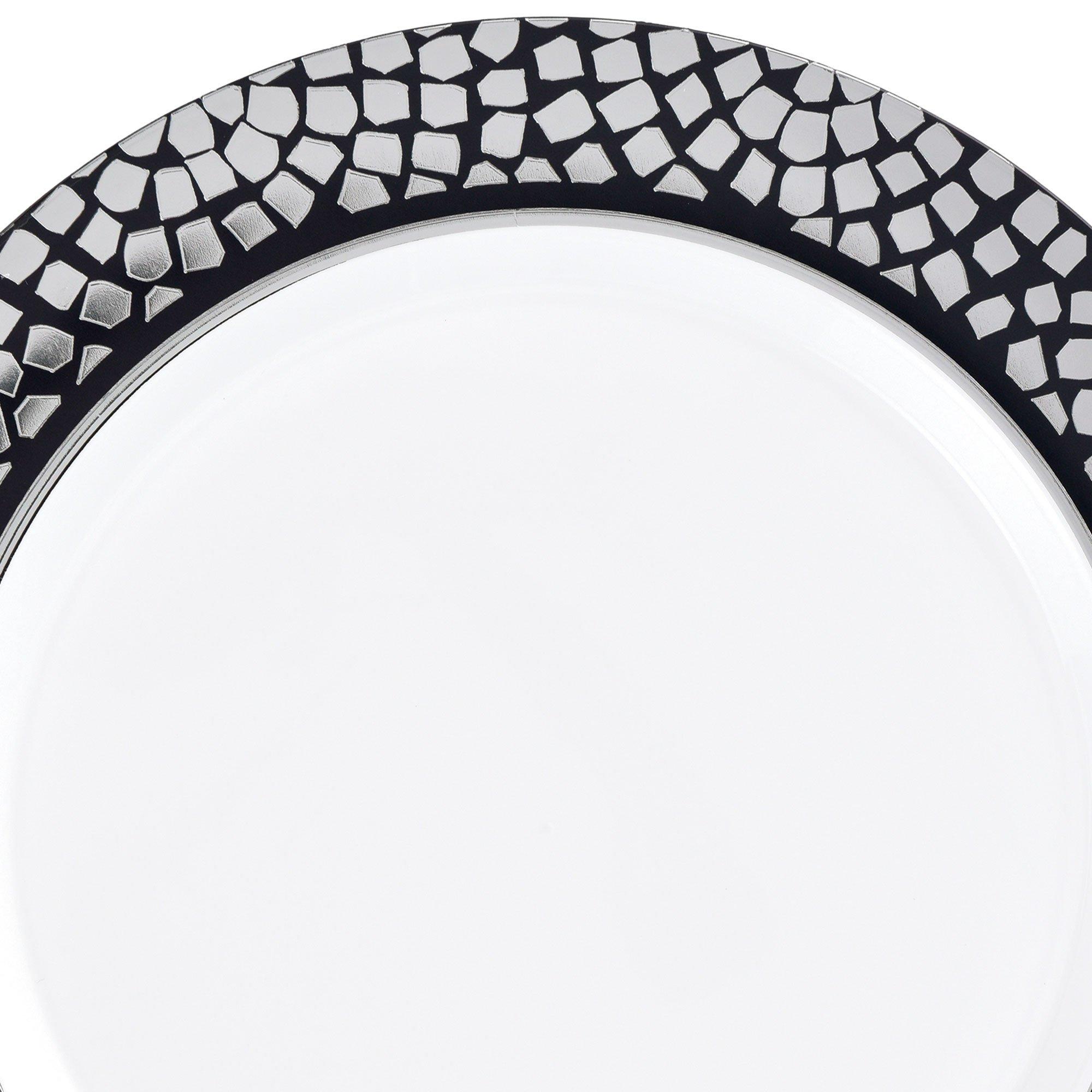 White With Silver Mosaic Rim Premium Plastic Dessert Plates, 7.5in, 20ct