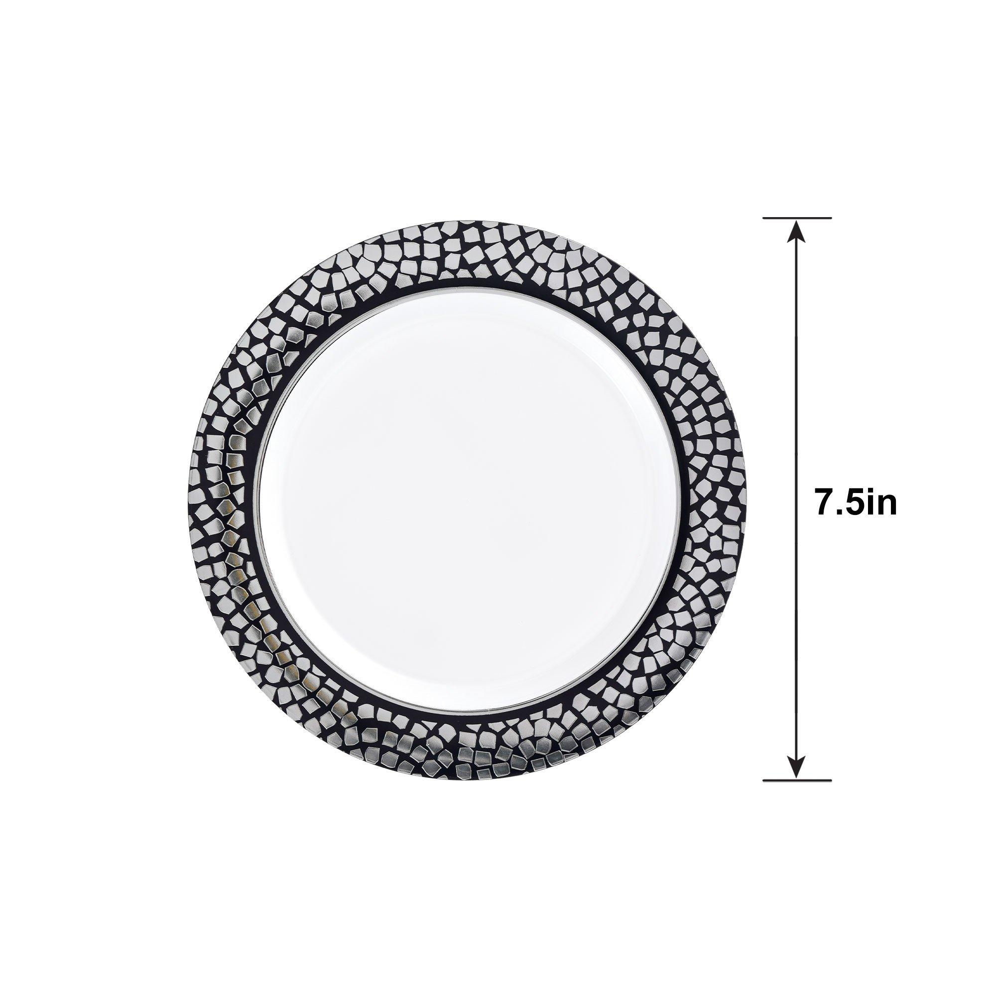 White With Silver Mosaic Rim Premium Plastic Dessert Plates, 7.5in, 20ct