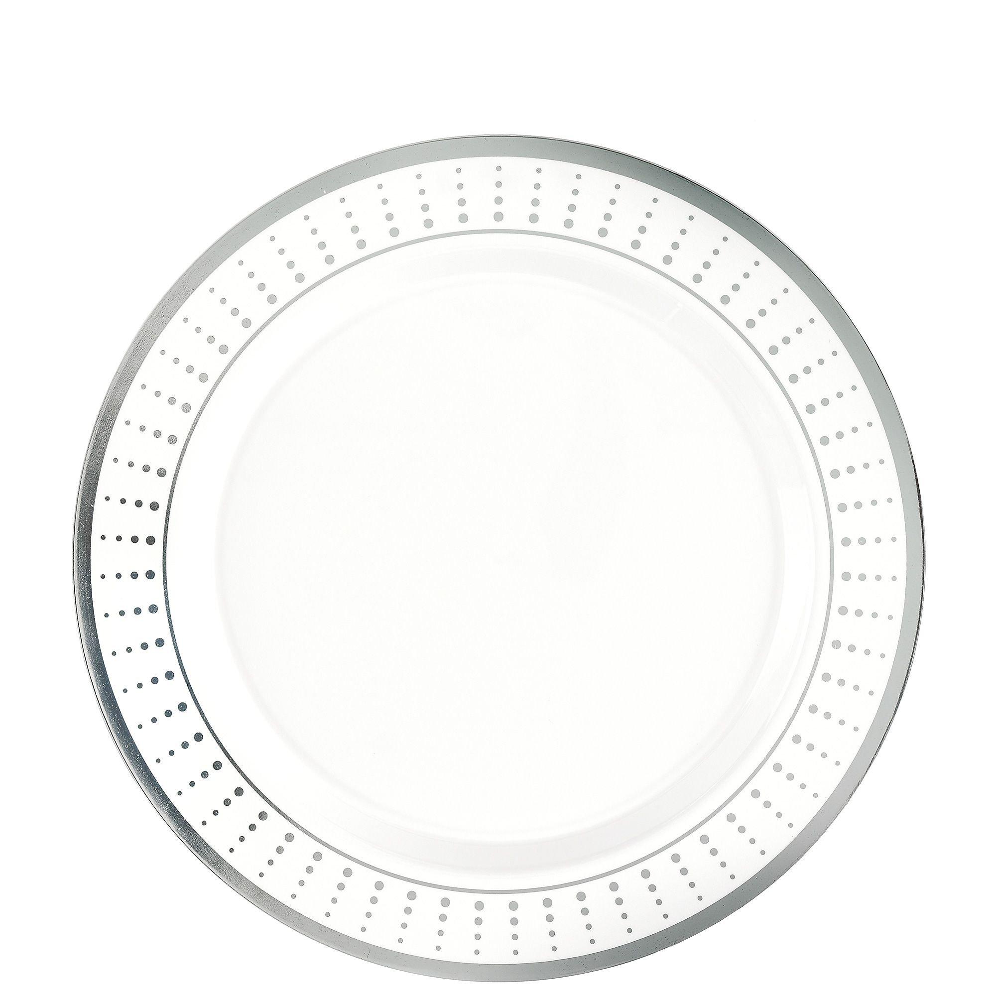 White With Silver Radiating Dot Patterned Rim Premium Plastic Dessert Plates, 7.5in, 20ct