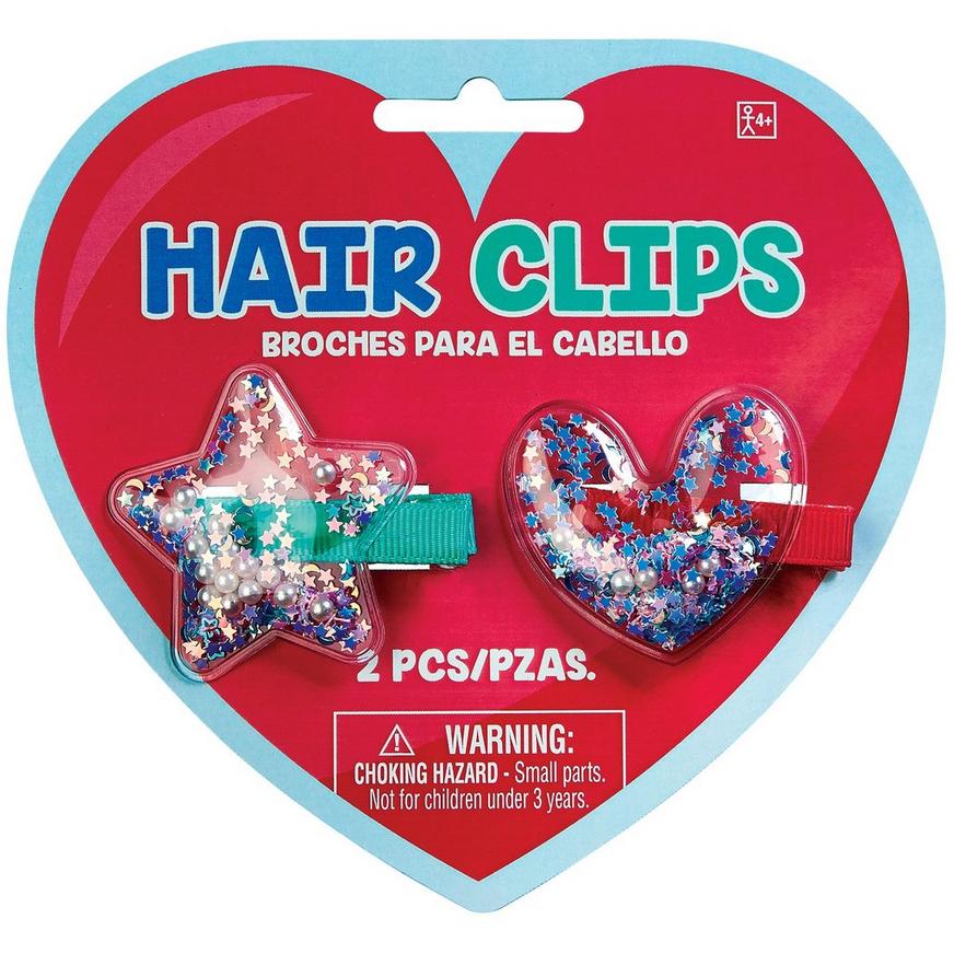 Glitter Heart & Star Hair Clips, 2pc
