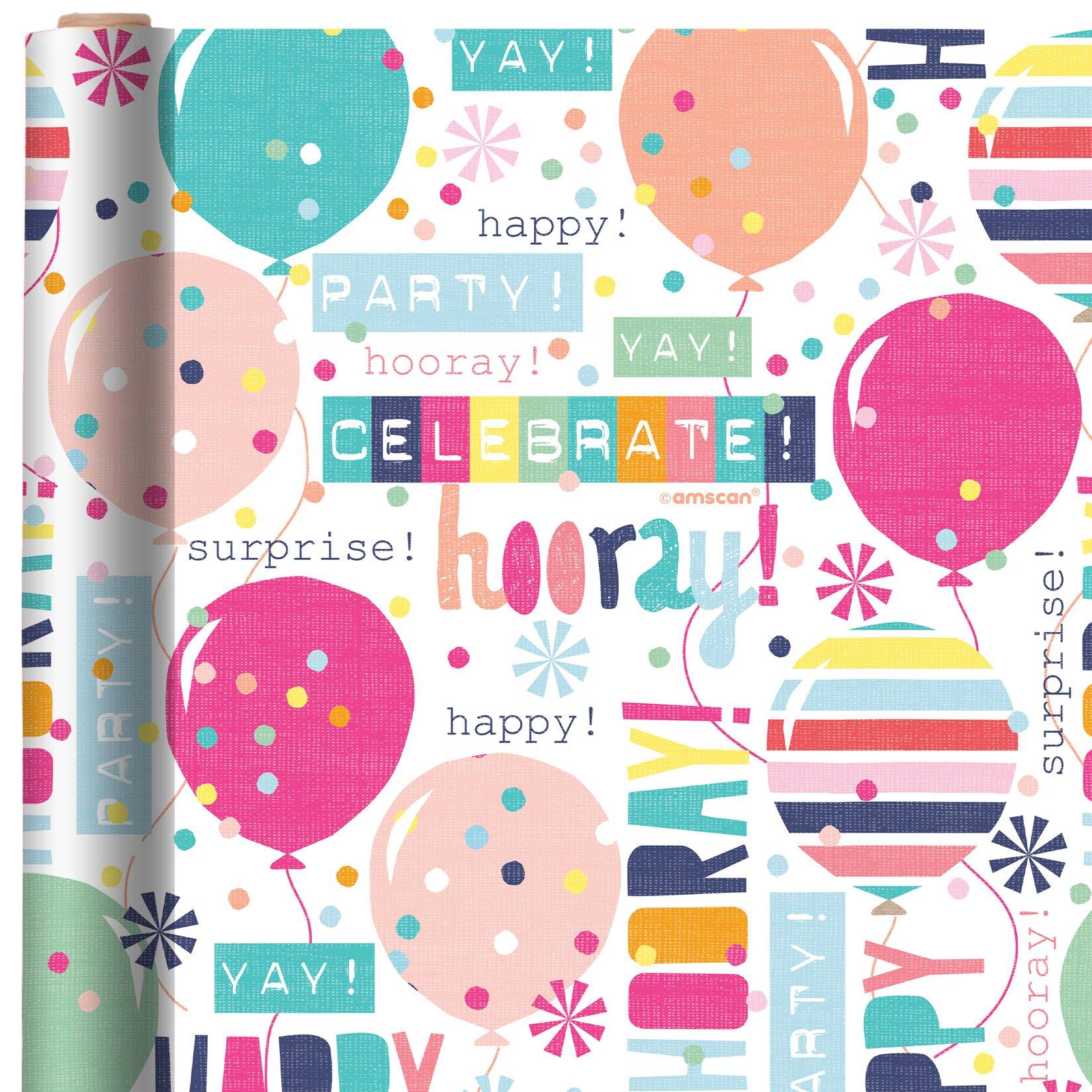 Balloon Celebration Birthday Gift Wrap, 16ft x 30in (40 sq ft)