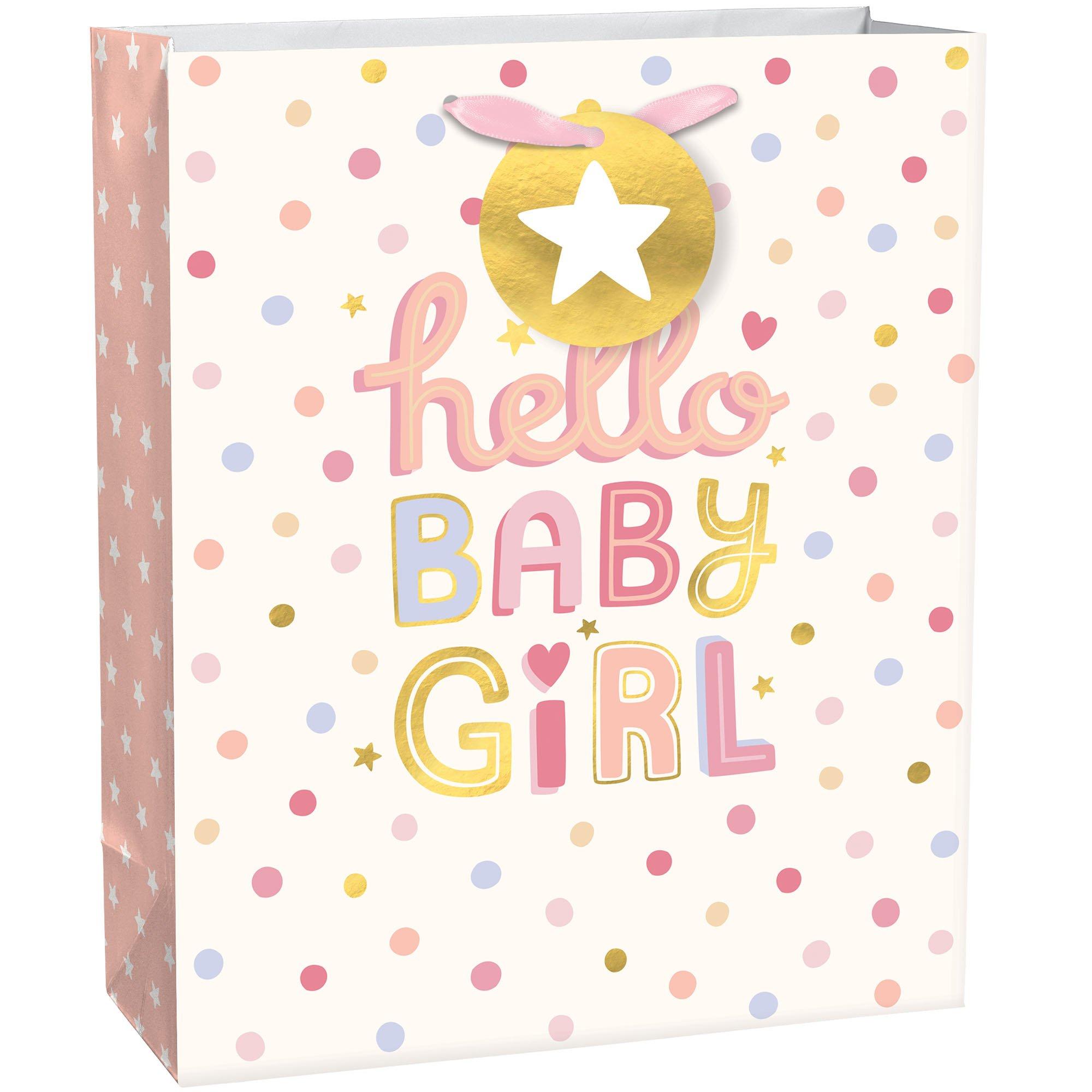 Large Hello Baby Girl Paper Gift Bag, 10.5in x 13in