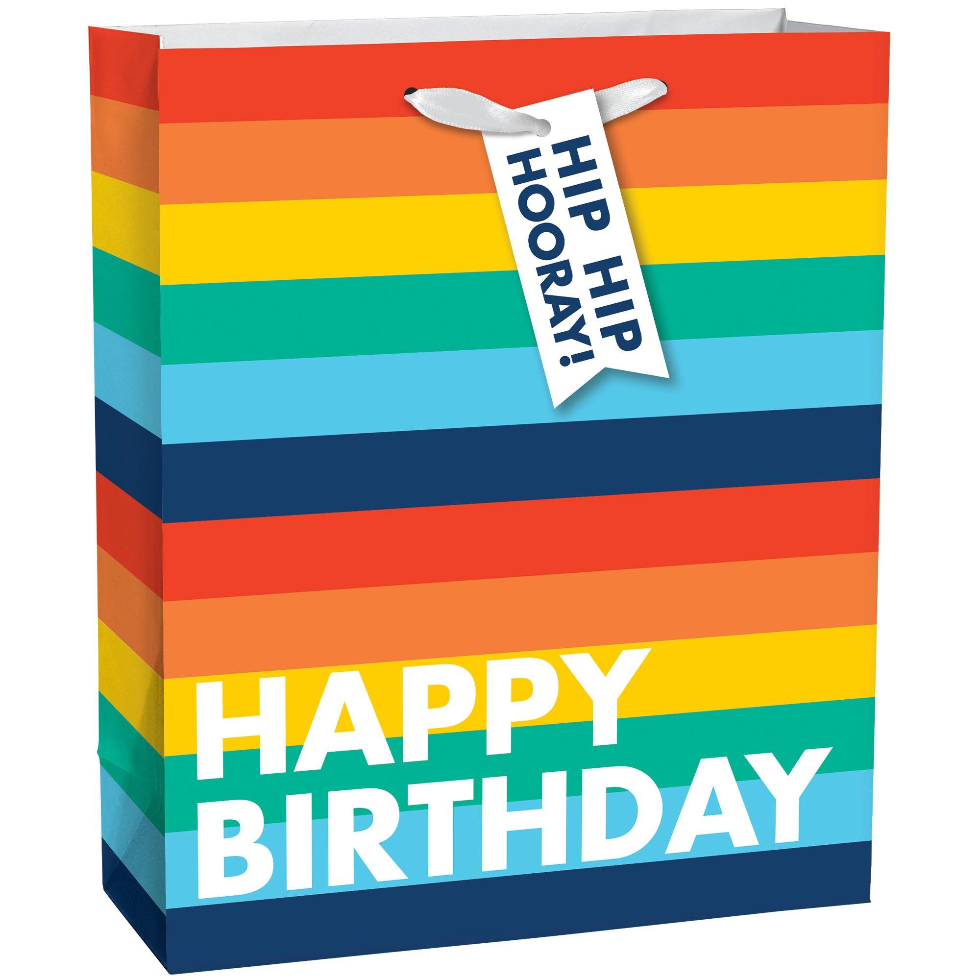 Large Rainbow Stripe Birthday Paper Gift Bag, 10.5in x 13in