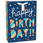 Extra Large Happy Birthday Rainbow Stripe Cutout Paper Gift Bag, 12.5in x 17in 