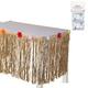 Tan Faux Grass Tissue Paper Fringe Table Skirt with Multicolor Fabric Flowers & Table Cover Clips, 10ft x 29in