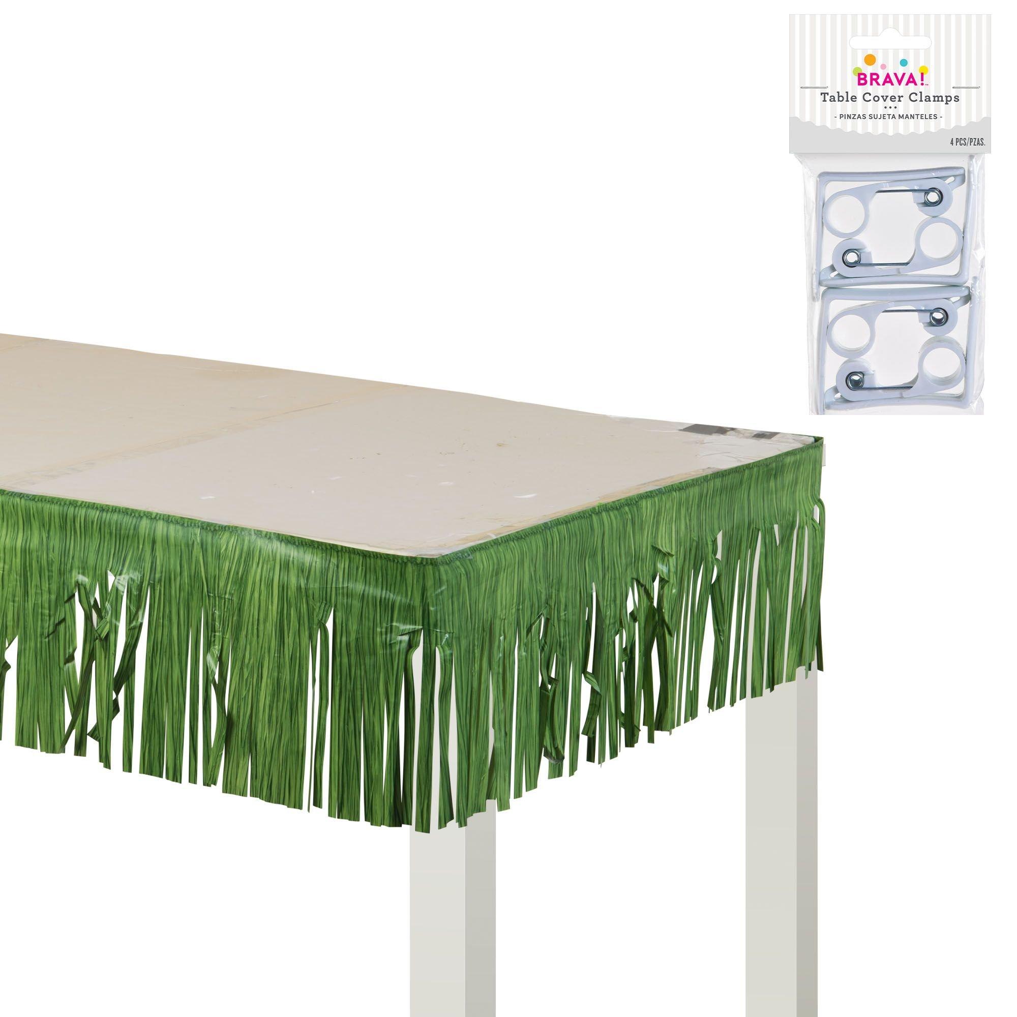 Green Faux Grass Plastic Fringe Table Skirt with Table Cover Clips, 50ft x 10in