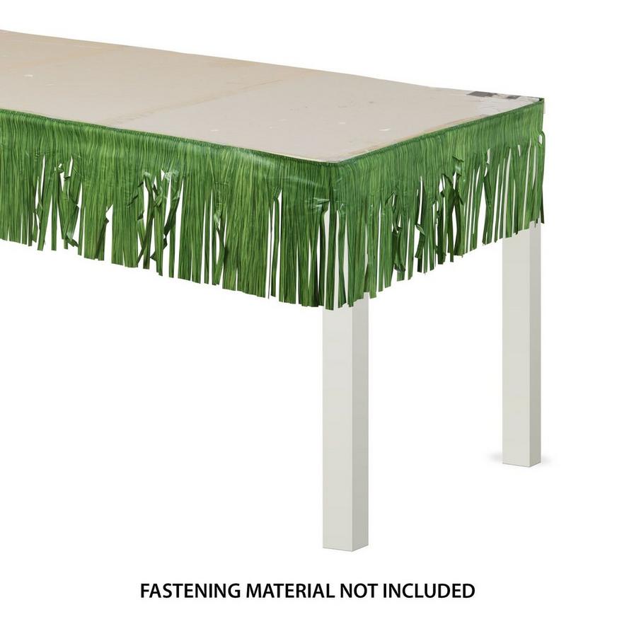 Green Faux Grass Plastic Fringe Table Skirt with Table Cover Clips, 50ft x 10in