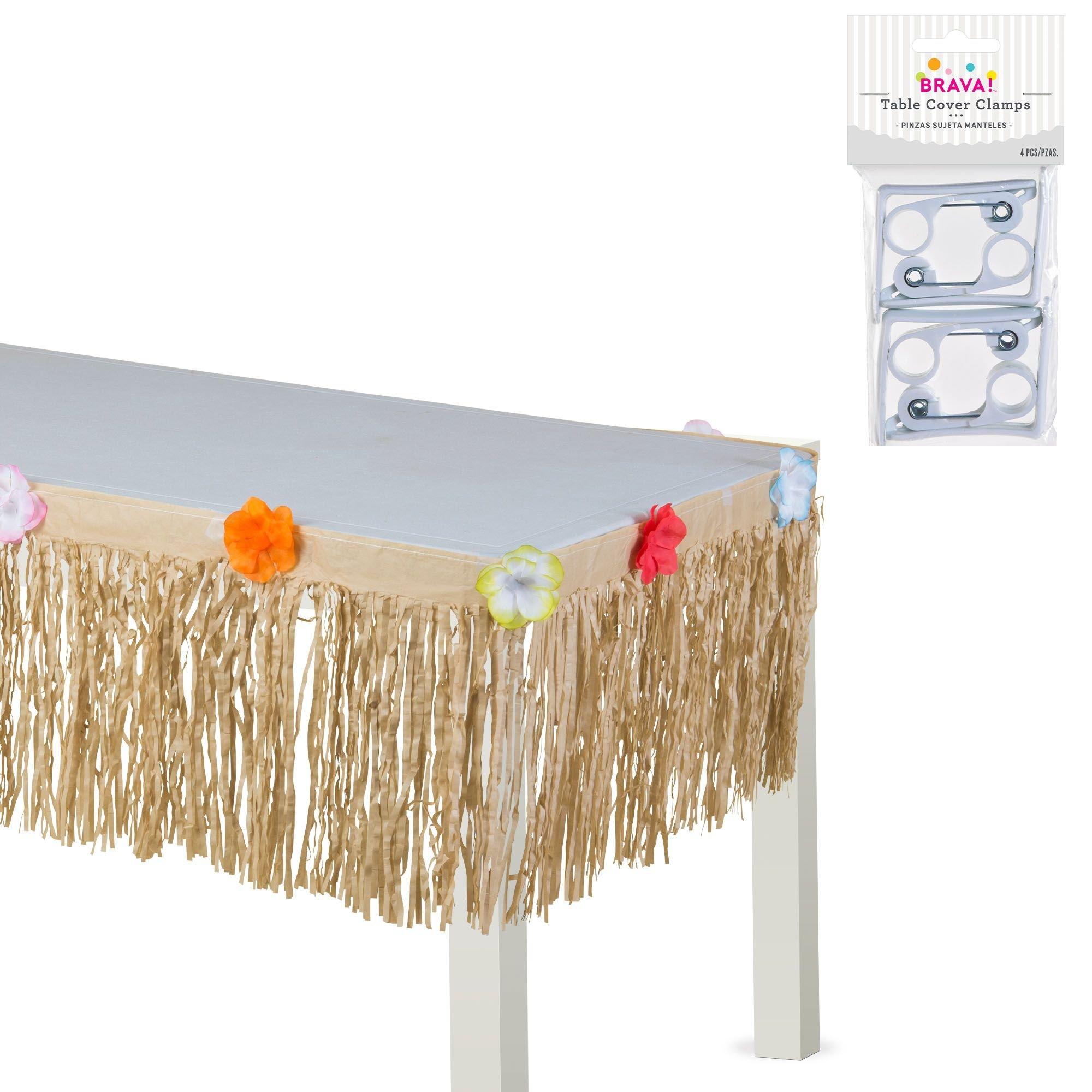 Tan Faux Grass Tissue Paper Fringe Table Skirt with Multicolor Fabric Flowers & Table Cover Clips, 9ft x 15in
