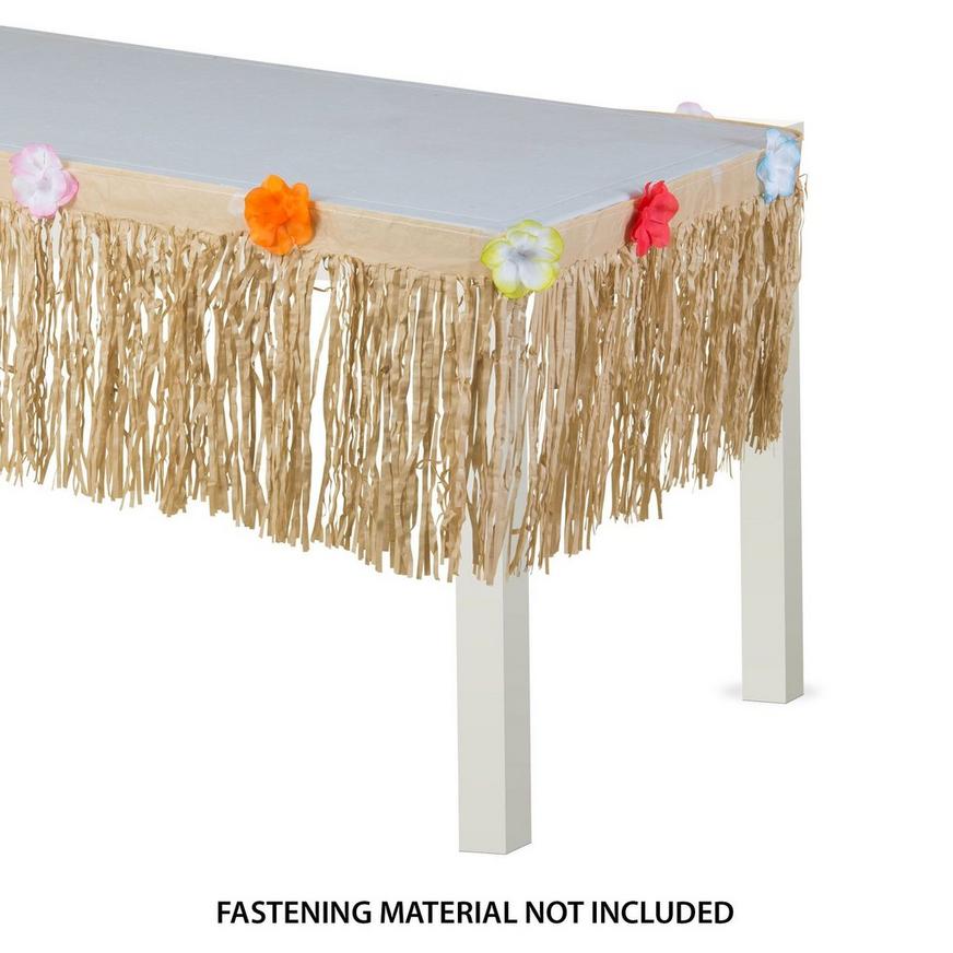 Tan Faux Grass Tissue Paper Fringe Table Skirt with Multicolor Fabric Flowers & Table Cover Clips, 9ft x 15in