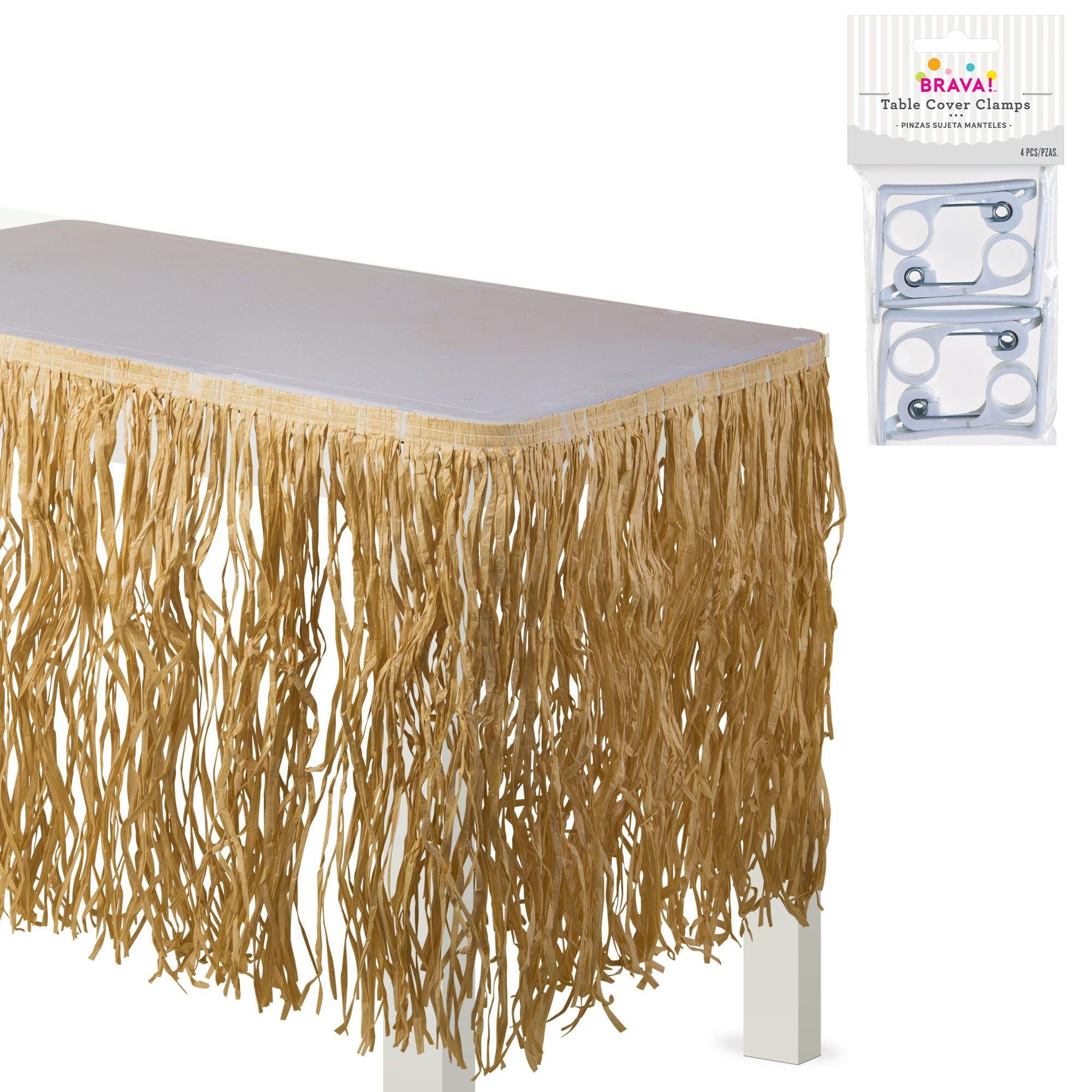 Tan Raffia Grass Fringe Table Skirt with Table Cover Clips, 9ft x 28in