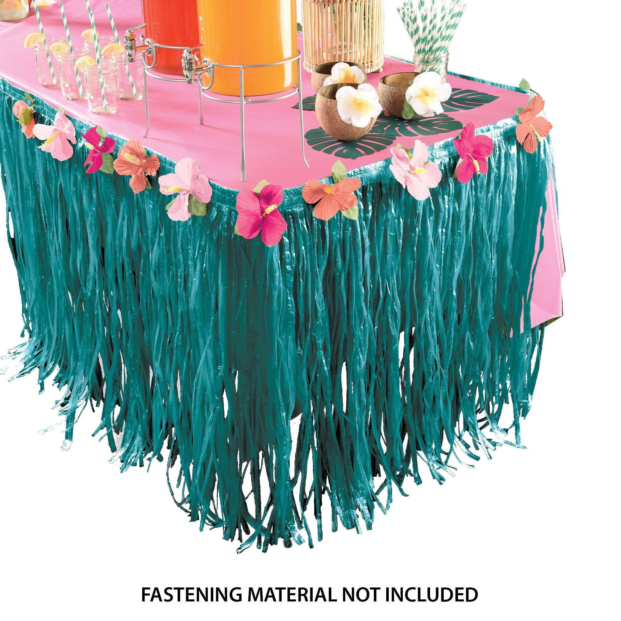 Aloha Faux Grass Plastic Fringe Table Skirt with Fabric Flowers & Table Cover Clips, 9ft x 30in