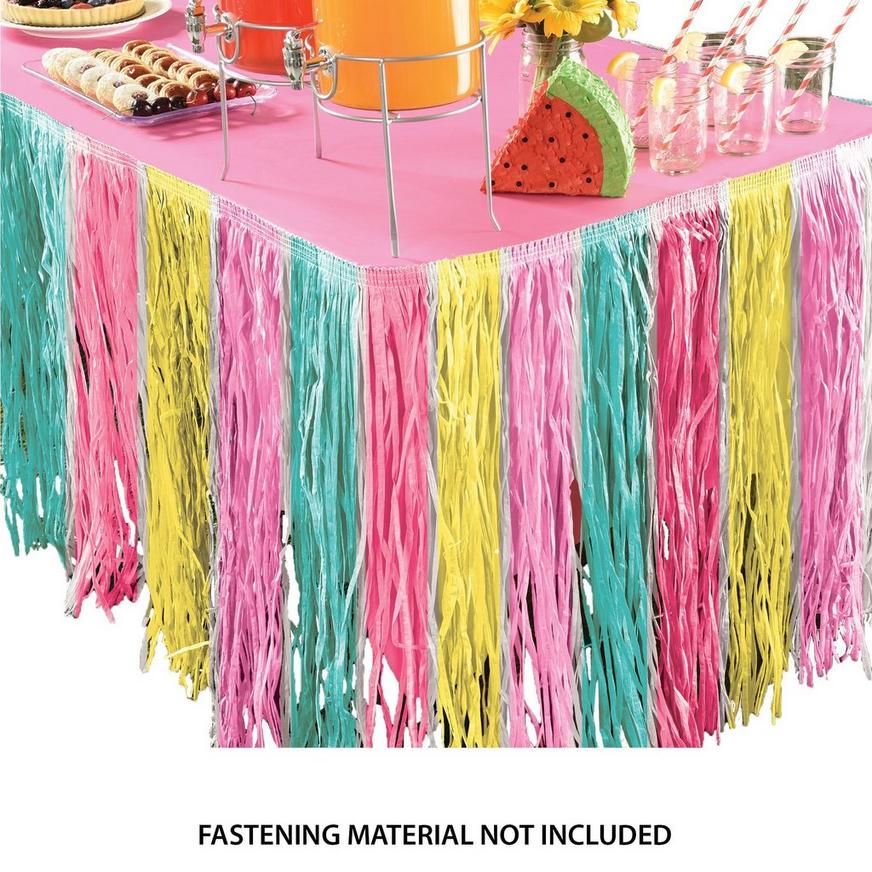 Pastel Just Chillin Faux Grass Tissue Paper Fringe Table Skirt with Table Cover Clips, 9ft x 30in