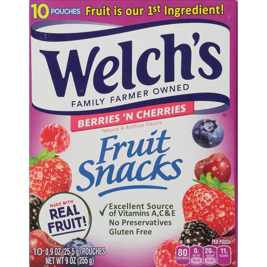 Welch's Berry 'N Cherries Fruit Snack Pouches, 9oz, 10pc