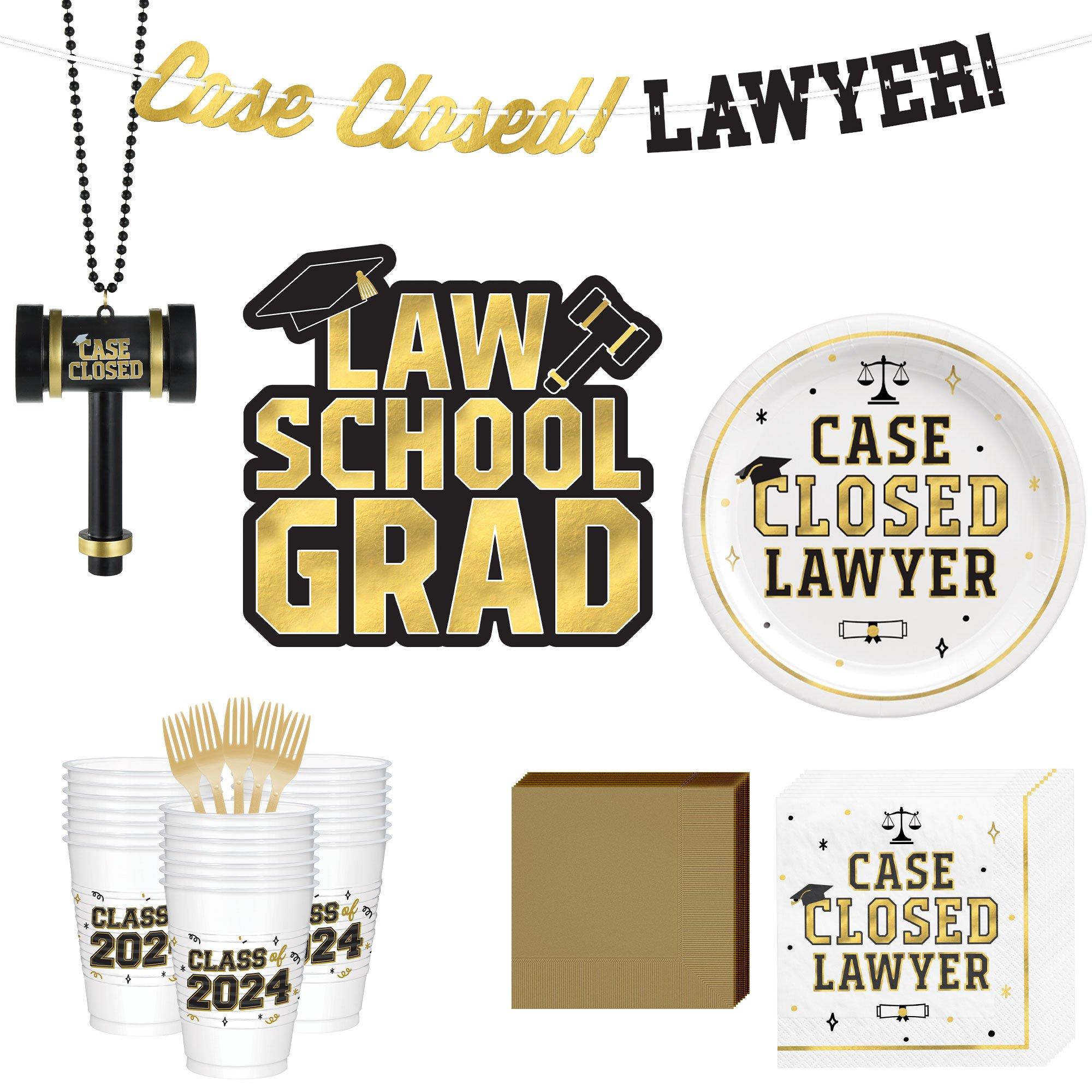 Graduation Party Supplies Kit for 30 with Decorations, Banners, Plates, Napkins, Cups - Case Closed Lawyer