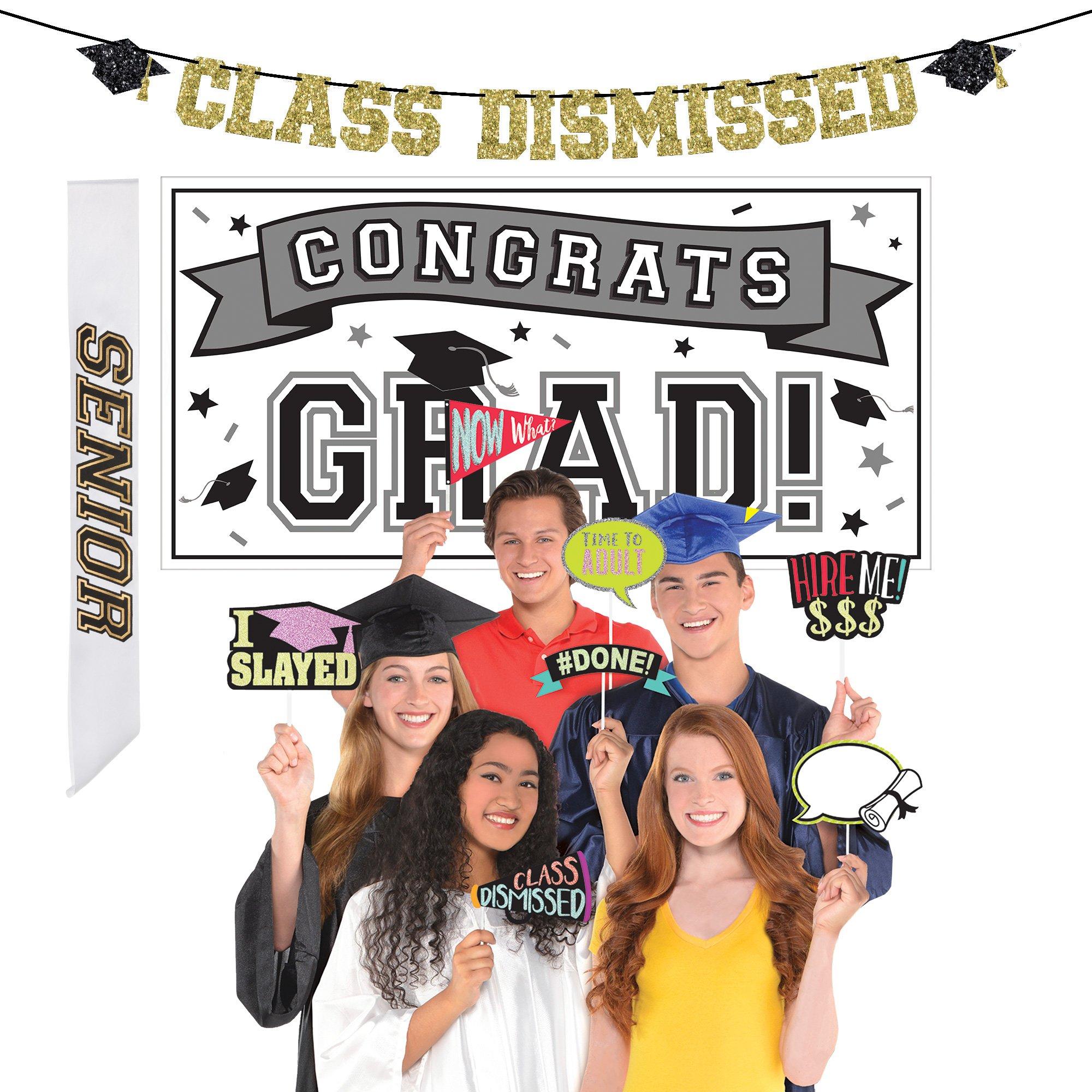Graduation Party Photo Booth Kit with Decorations, Backdrops, Photo Props - Black, Gold & Silver 2024