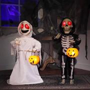 Animatronic Light-Up Talking Ghost & Skeleton Trick-or-Treaters Decoration, 21in x 36in