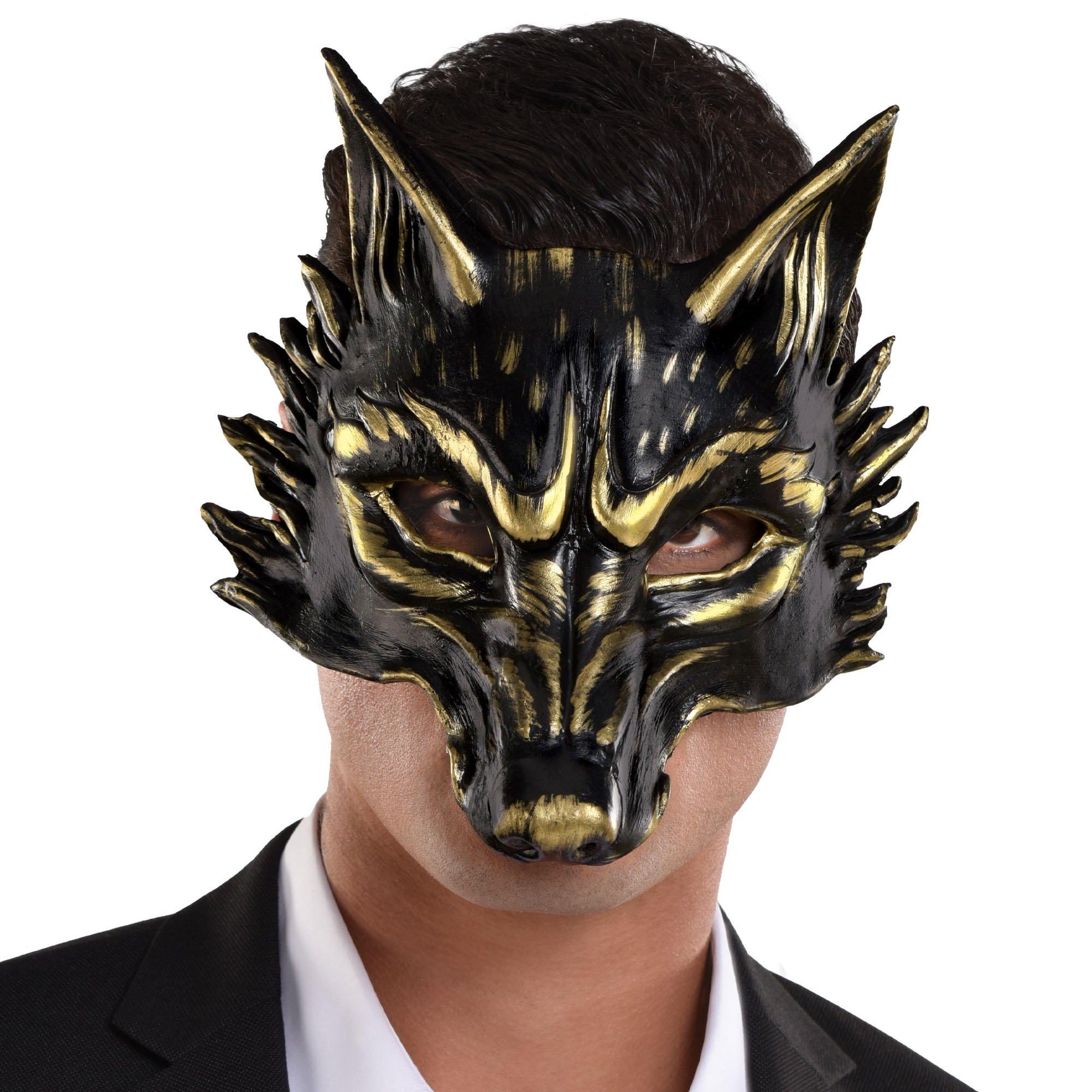 Adult Black & Metallic Gold Wolf Foam Half Mask | Party City