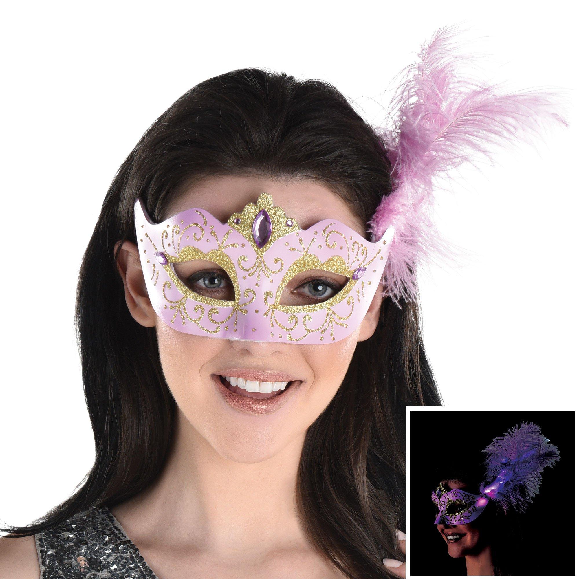 Adult Lavender & Gold Glitter Masquerade Mask with LightUp Feathers