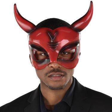 Adult-Men's Black Red Horned Devil Plastic Half Mask | Halloween Store