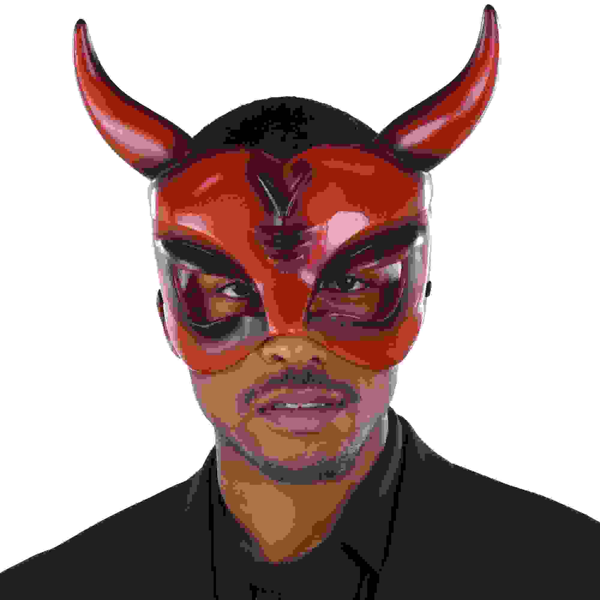 Adult-Men's Black Red Horned Devil Plastic Half Mask | Halloween Store