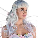 Platinum Blond, Blue & Lavender Long Curly Wig with Braid & Flowers - Fairy