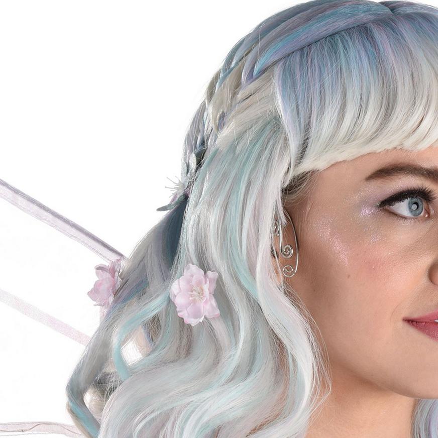 Platinum Blond, Blue & Lavender Long Curly Wig with Braid & Flowers - Fairy