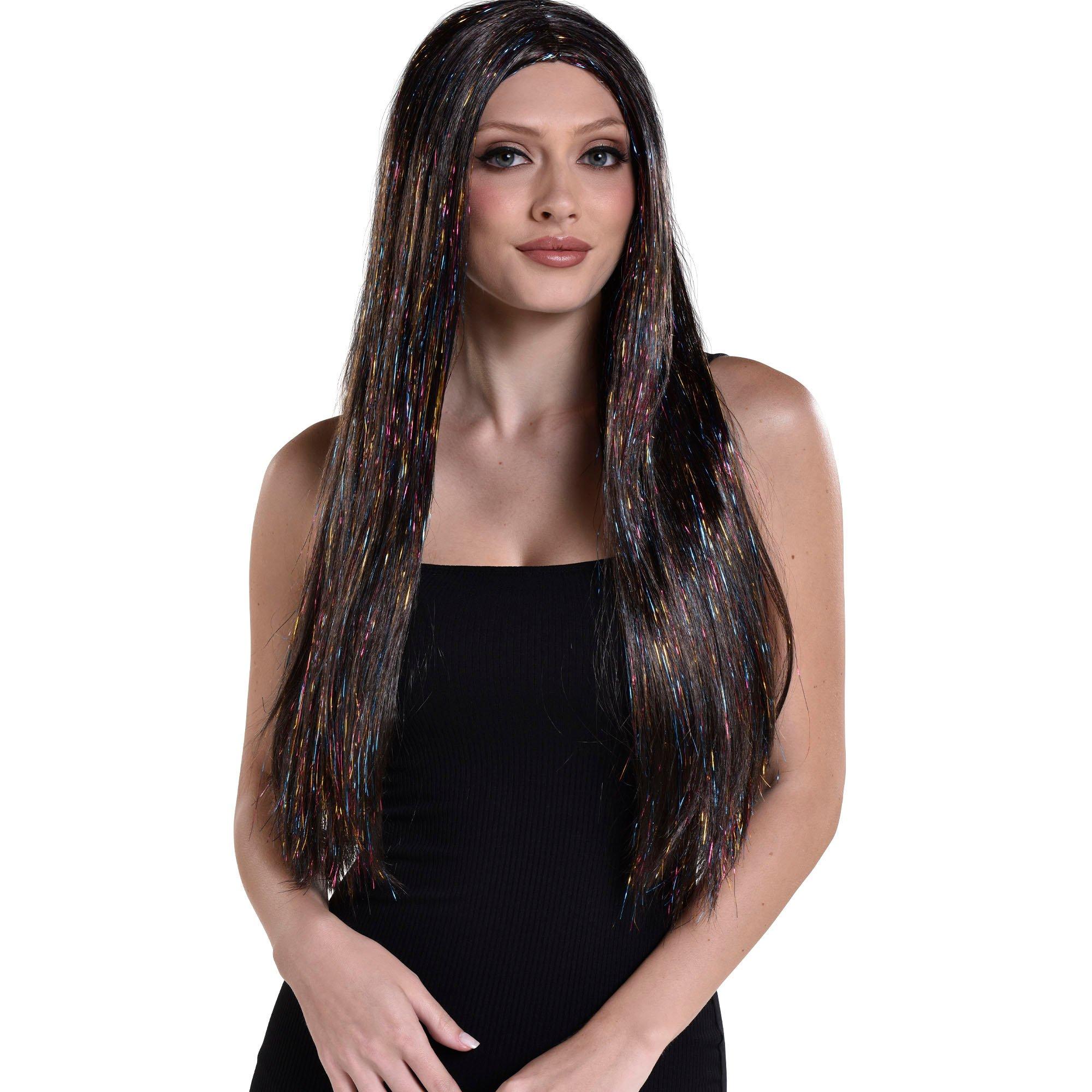 Brunette Iridescent Tinsel Long Straight Wig 30in Party City