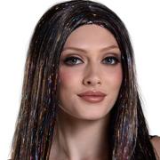 Brunette & Iridescent Tinsel Long Straight Wig, 30in