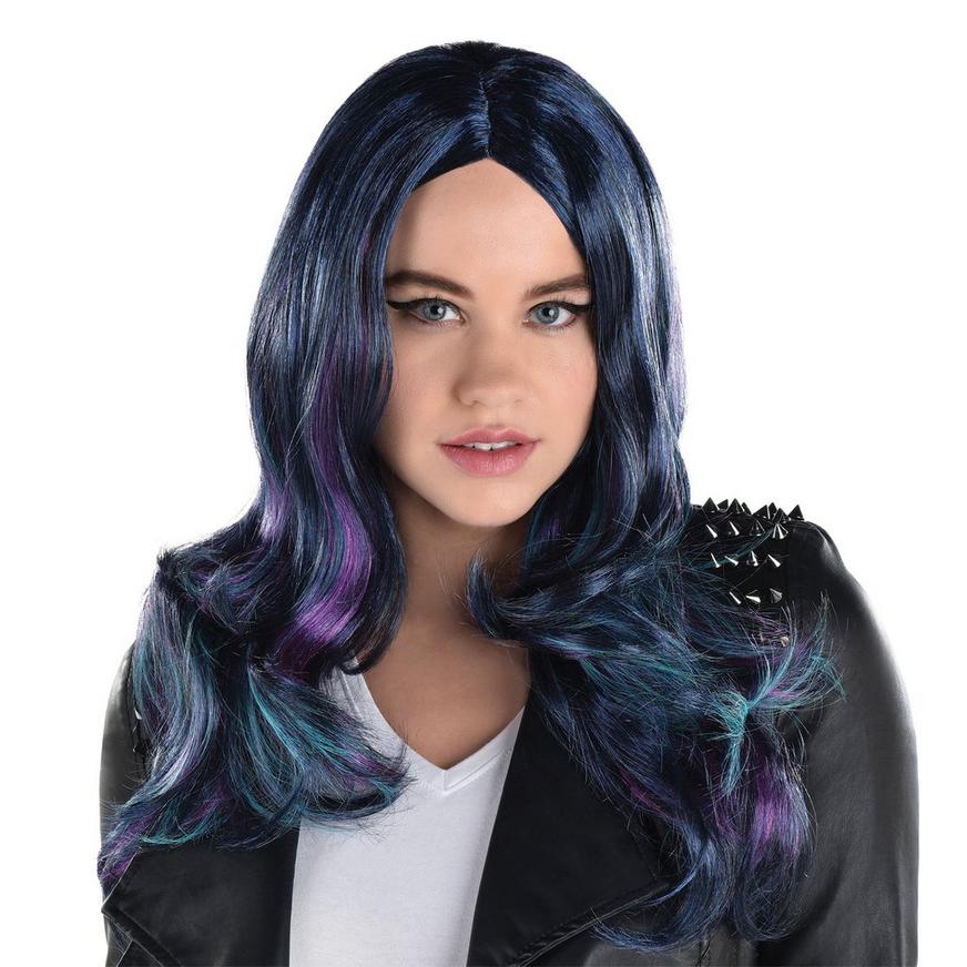 Navy Blue, Purple & Turquoise Oil Slick Curly Wig, 20in | Party City