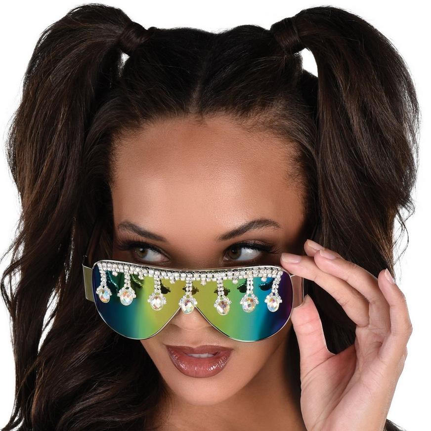 Iridescent Mirrored Shield Sunglasses with Rhinestone Trim - Festival