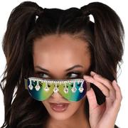 Iridescent Mirrored Shield Sunglasses with Rhinestone Trim - Festival