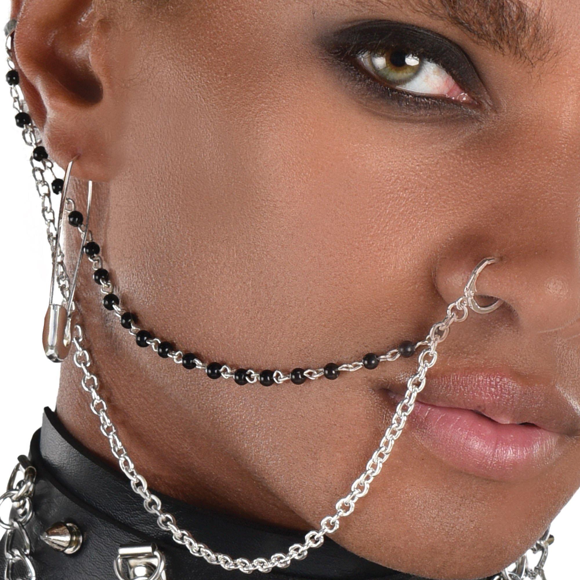 Safety Pin Earrings & Nose to Ear Chain Jewelry Set, 3pc - Punk