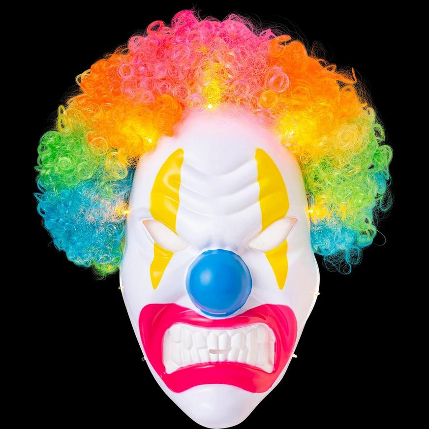 Adult Light-Up Angry Clown Plastic Mask with Colorful Wig - Neon Circus
