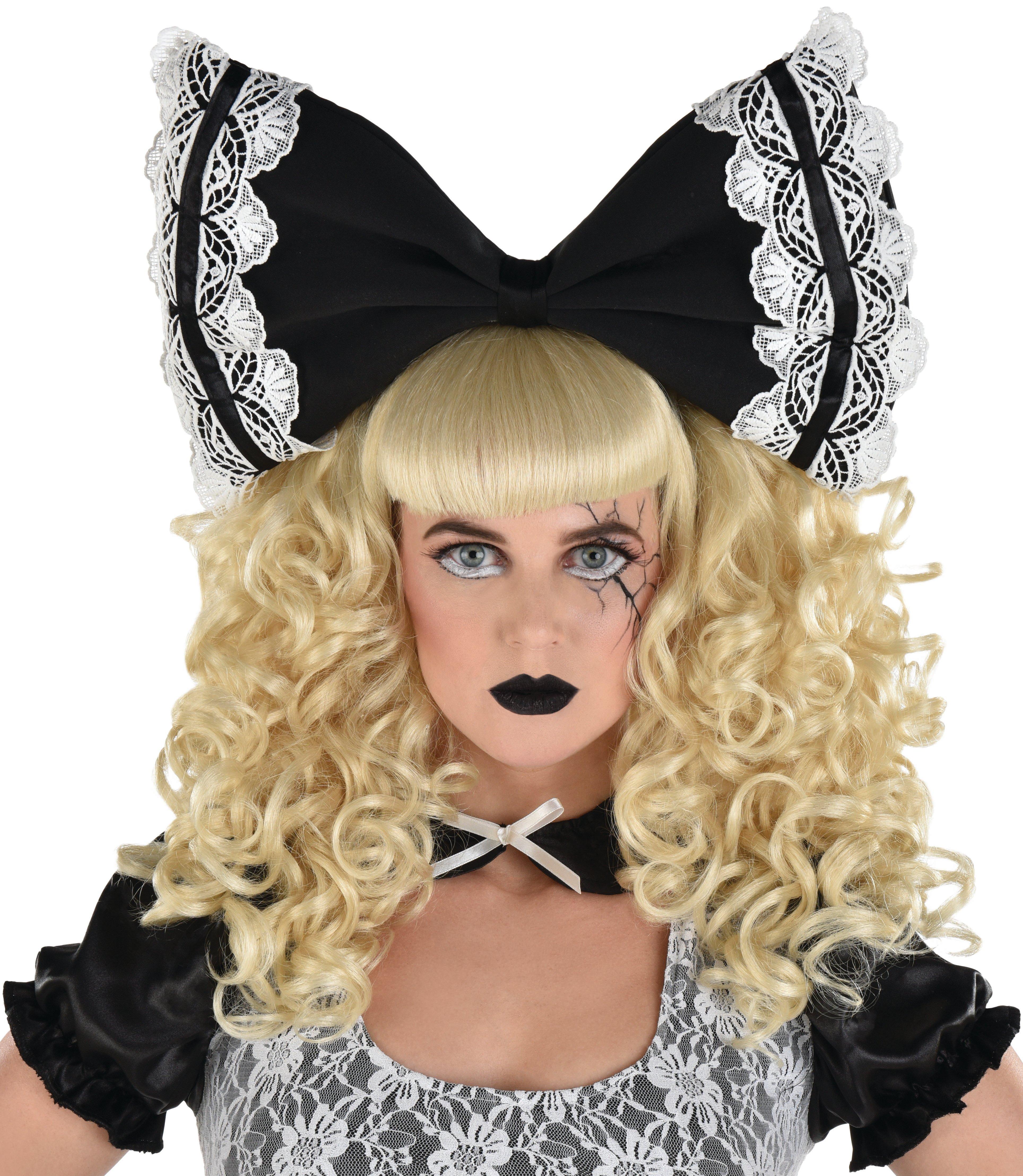 Adult Black & White Creepy Doll Bow Headband | Party City