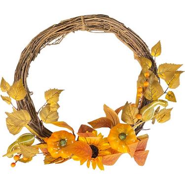 Pumpkins, Leaves & Sunflower Natural & Synthetic Fall Wreath, 18in