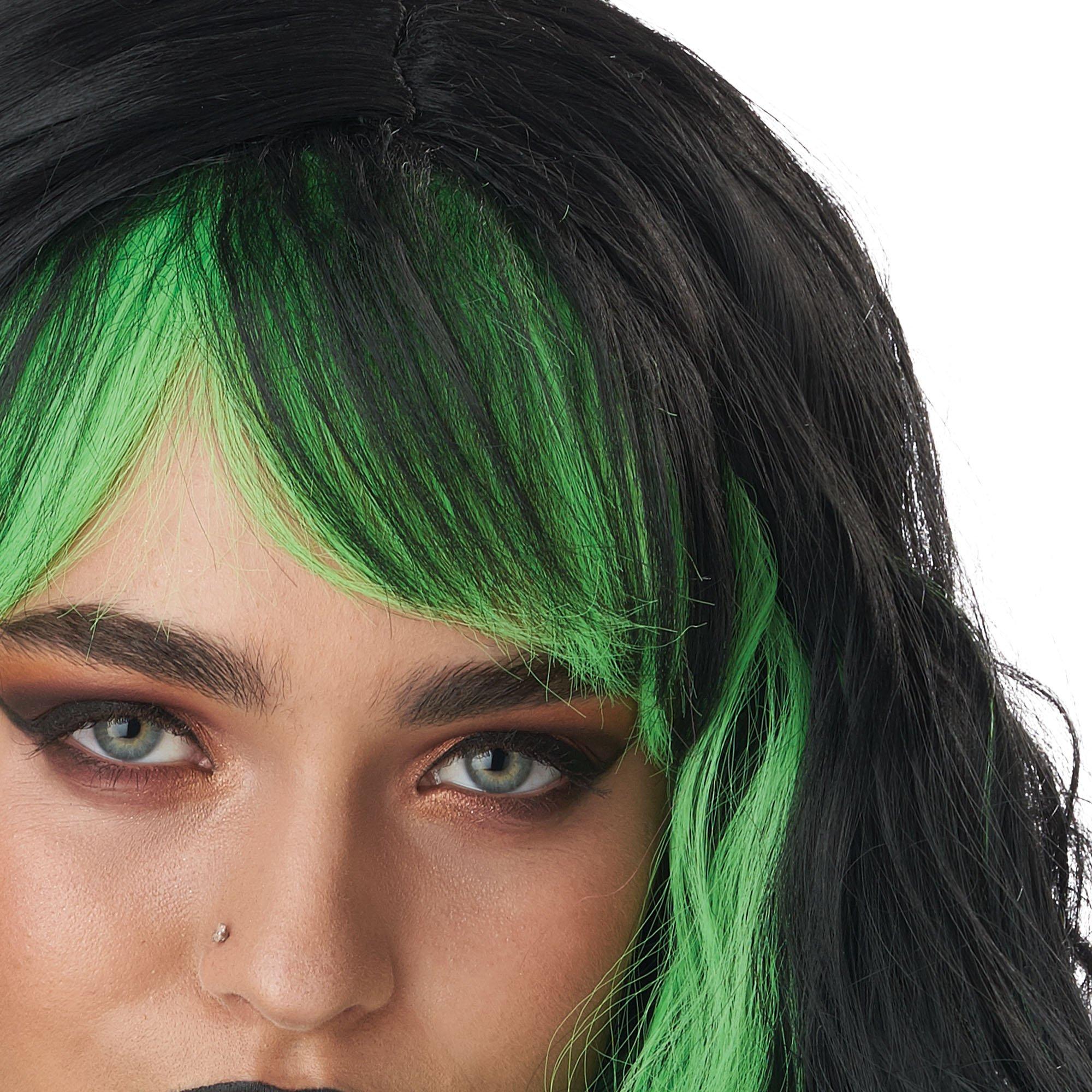 black hair green bangs