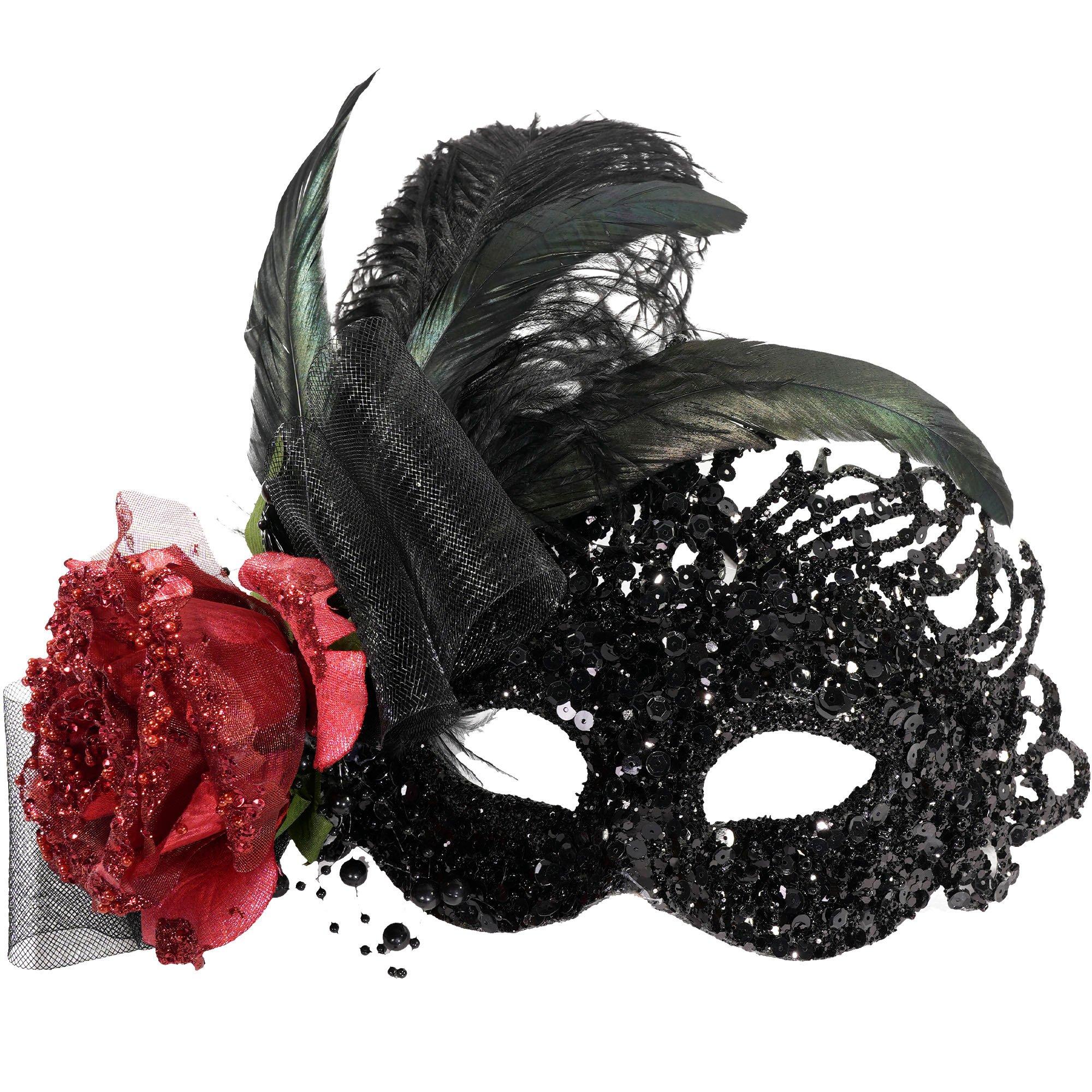 black and red masquerade mask with feathers