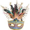 Adult Rainbow Rhinestone & Gold Feather Masquerade Mask