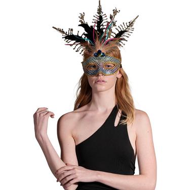 Adult Rainbow Rhinestone & Gold Feather Masquerade Mask