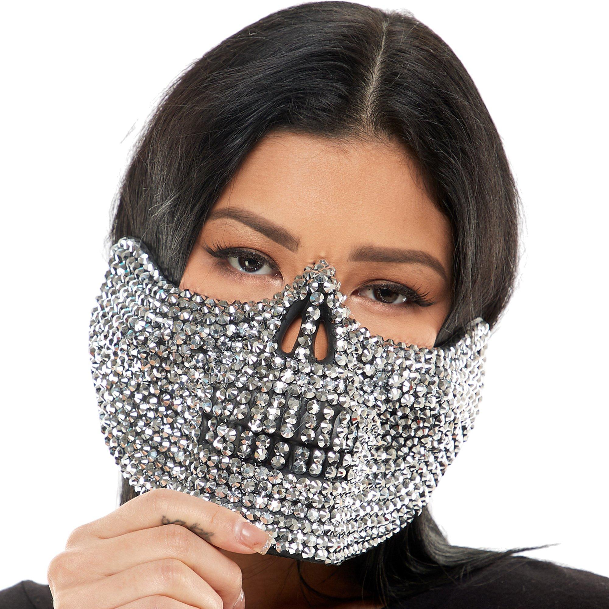 Adult Silver Rhinestone Skull Half Mask