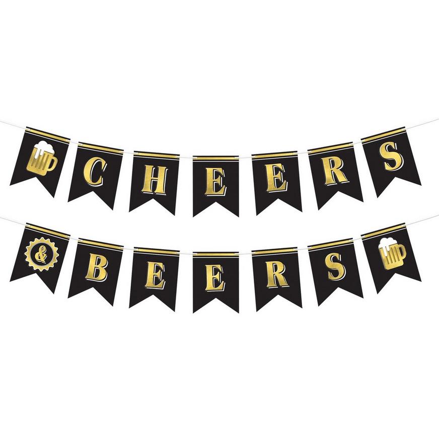 Black & Gold Cheers & Beers Cardstock Pennant Banner, 15ft - Better With Age