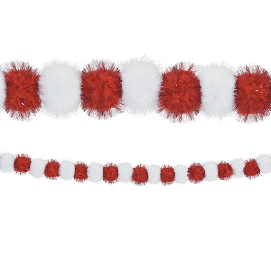 Red & White Christmas Tinsel Pom-Pom Garland, 9ft