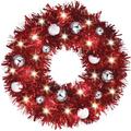 Light-Up Red Tinsel & Silver Bauble Christmas Wreath, 17in
