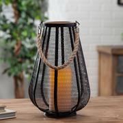 Black Metal Mesh LED Candle Lantern with Wood Trim, 7.5in x 12.2in