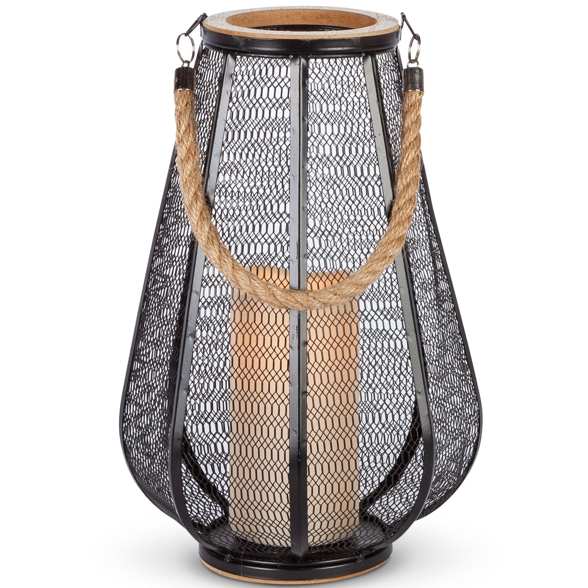 Black Metal Mesh LED Candle Lantern with Wood Trim, 7.5in x 12.2in
